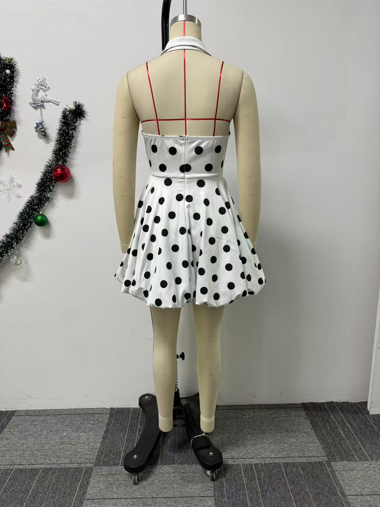 Spring Elegant Polka Dot Print Lace-Up Turndown Collar Halter Bubble Dress 5