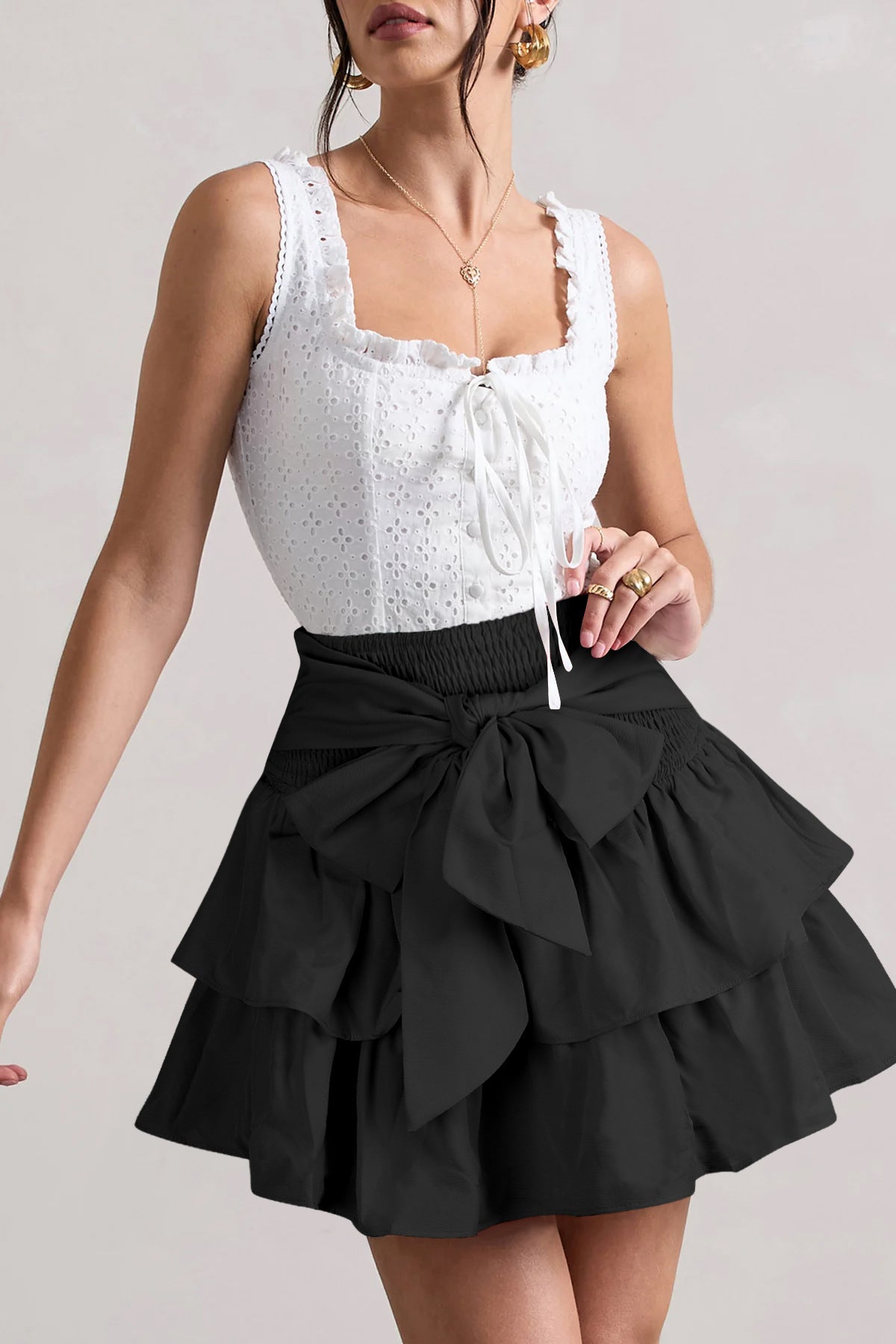 Women Solid Sexy Bow Pleated Skirt