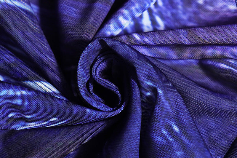 Women's Fashion Print Long Sleeve Top See-Through Bell Bottom Mesh Pants Fashion Two Piece Set 19