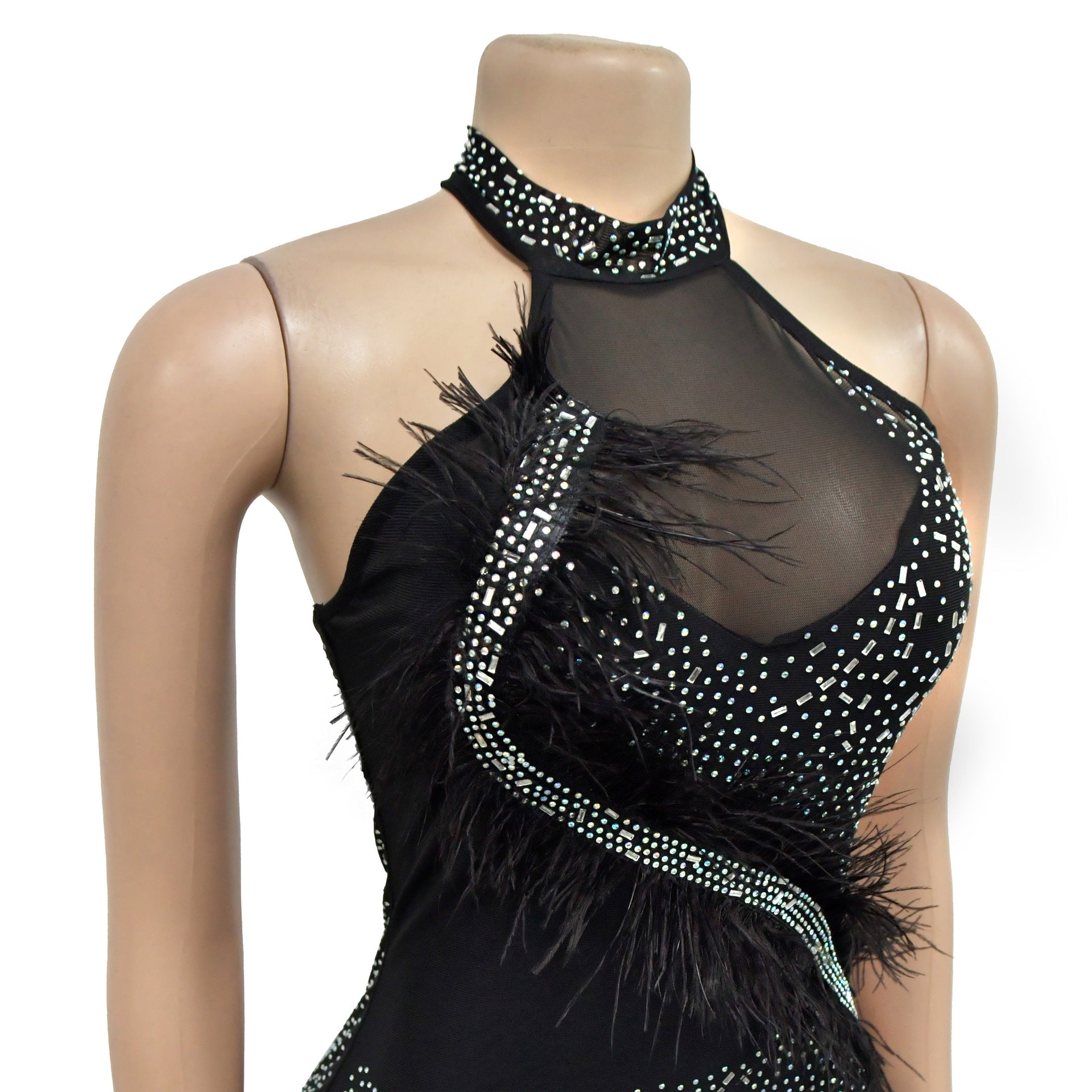 Fashion Women's Solid Color Mesh Beaded Feather Club Dress 17