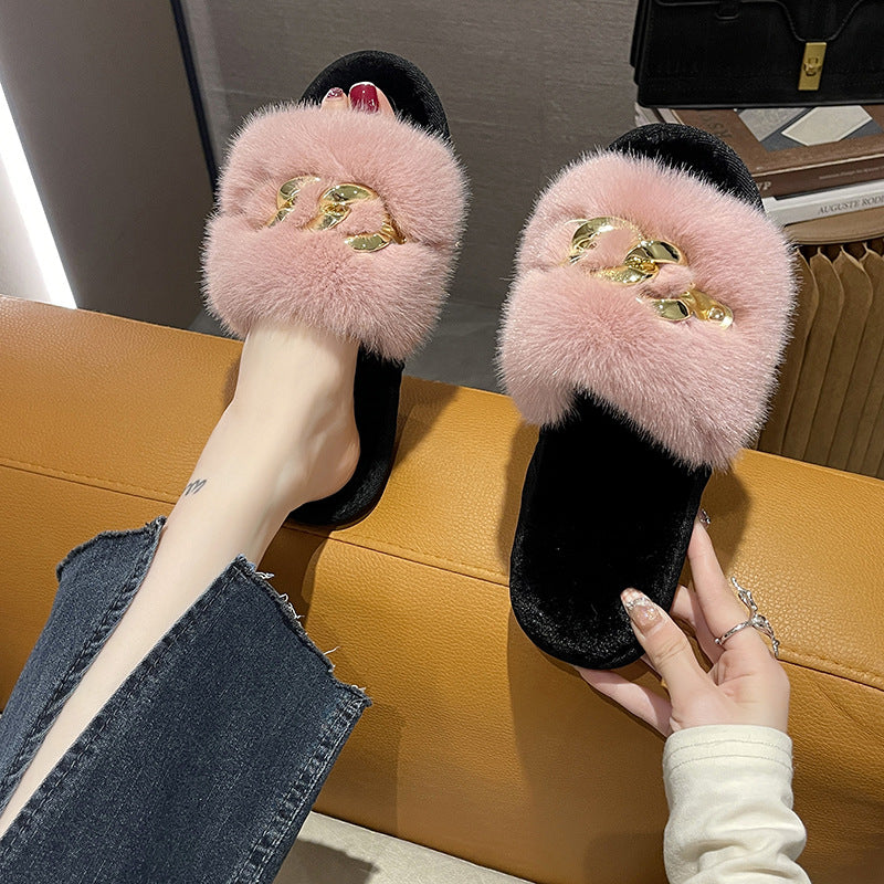 Autumn and winter metal chain plush slippers women's fashion warm large fur flat slippers 9