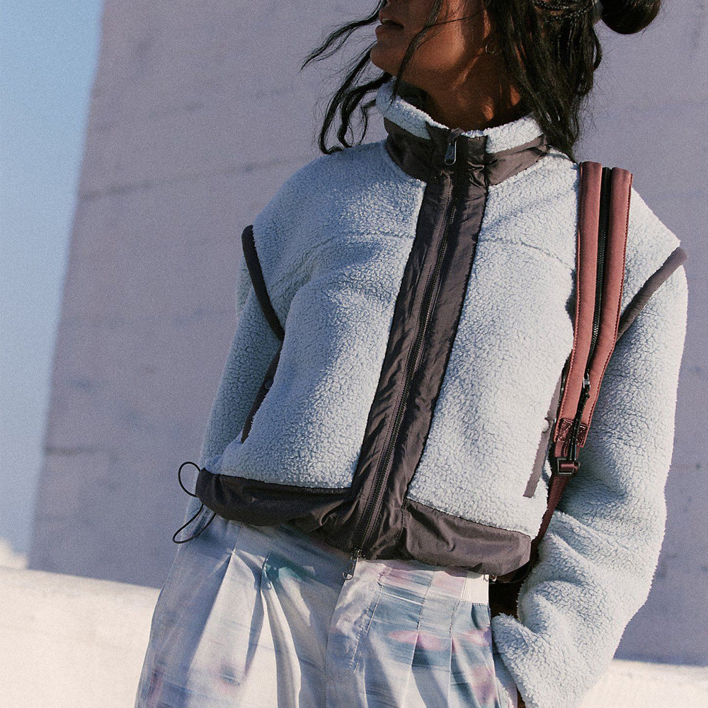 Women Stand Collar Outdoor Sherpa Cardigan Zip Jacket