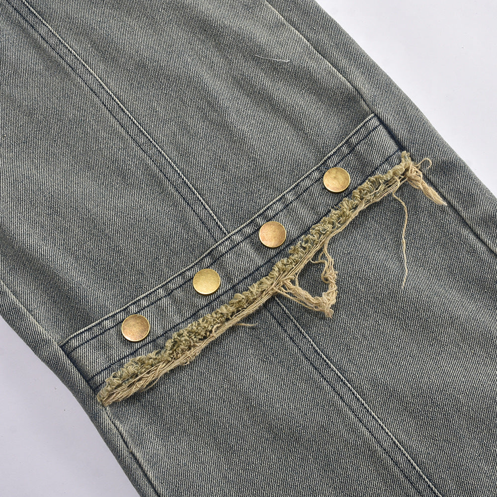 Women Summer Washed Tassel Button Straight Denim Pants 11