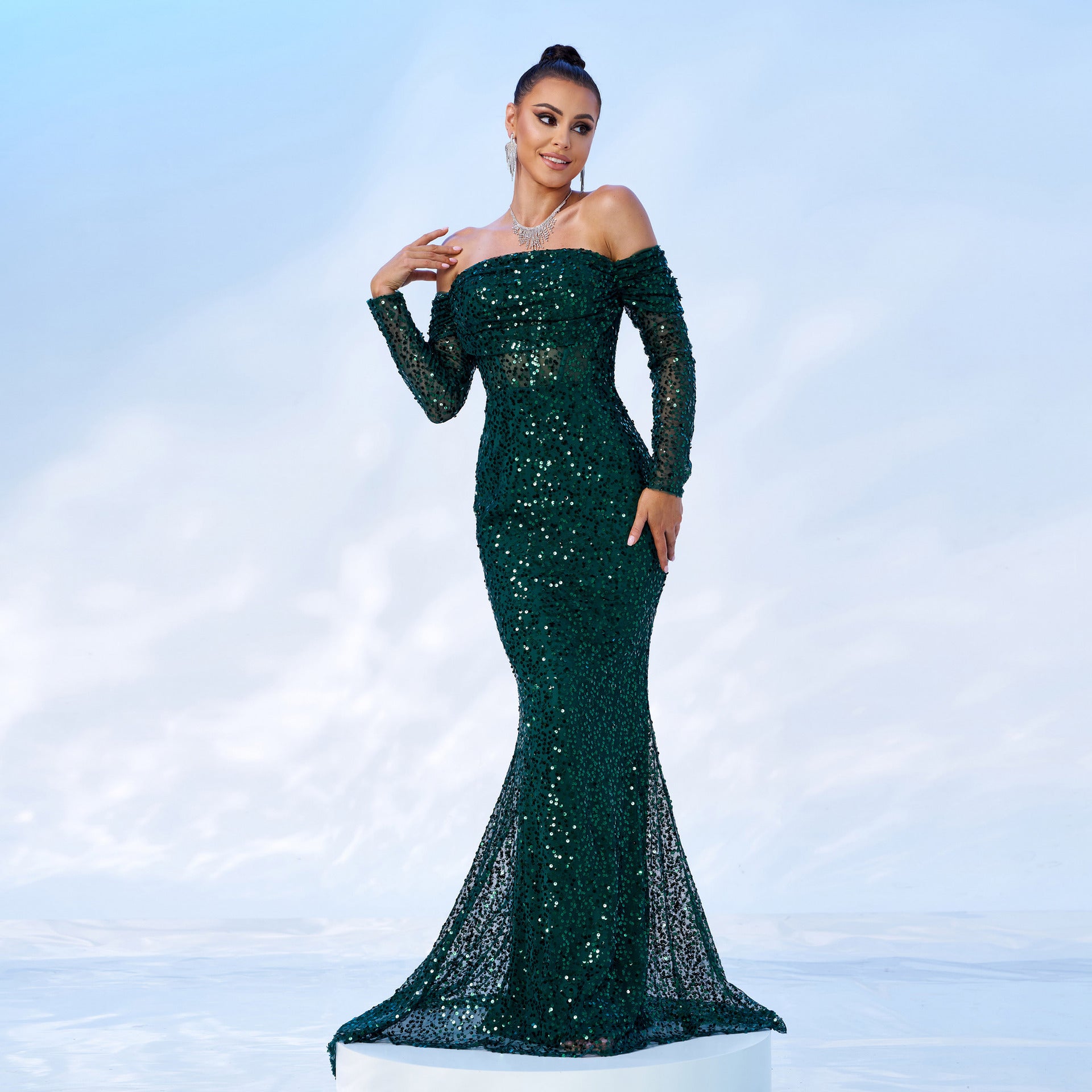 Women Off Shoulder Long Sleeve Sequin Formal Party Fishtail Evening Dress 5