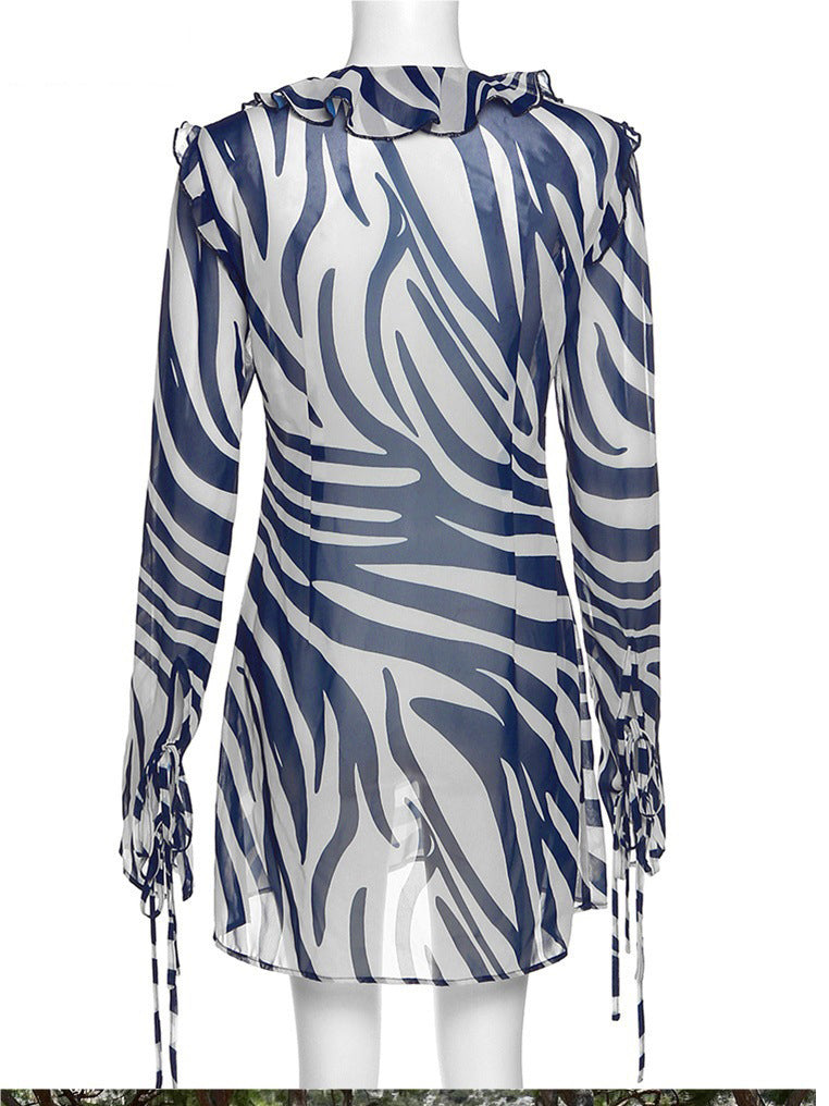 Women's Fall Winter Sexy V-Neck Long Sleeve Chic Stripe Lace-Up Dress 7