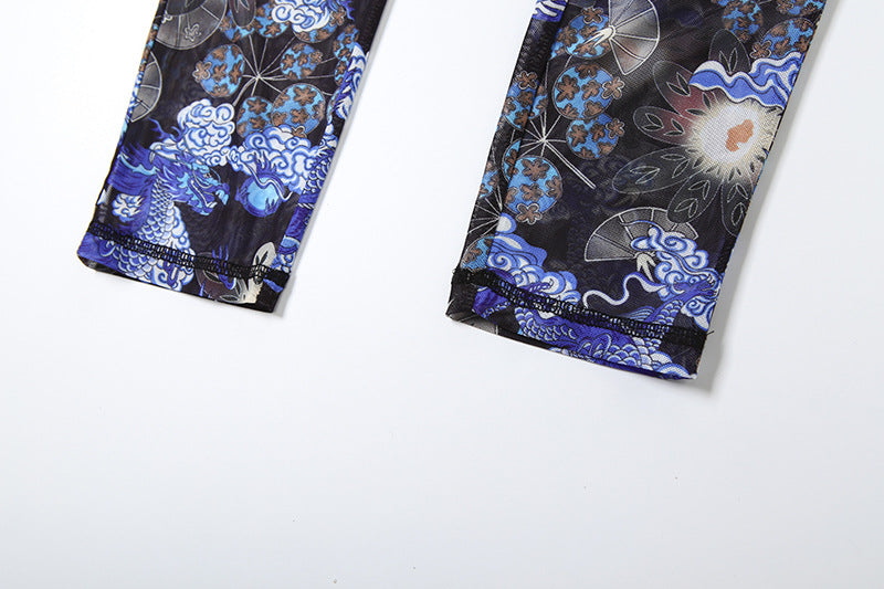 Women Summer Street Trend Mesh See-Through Print Backless Jumpsuit 24