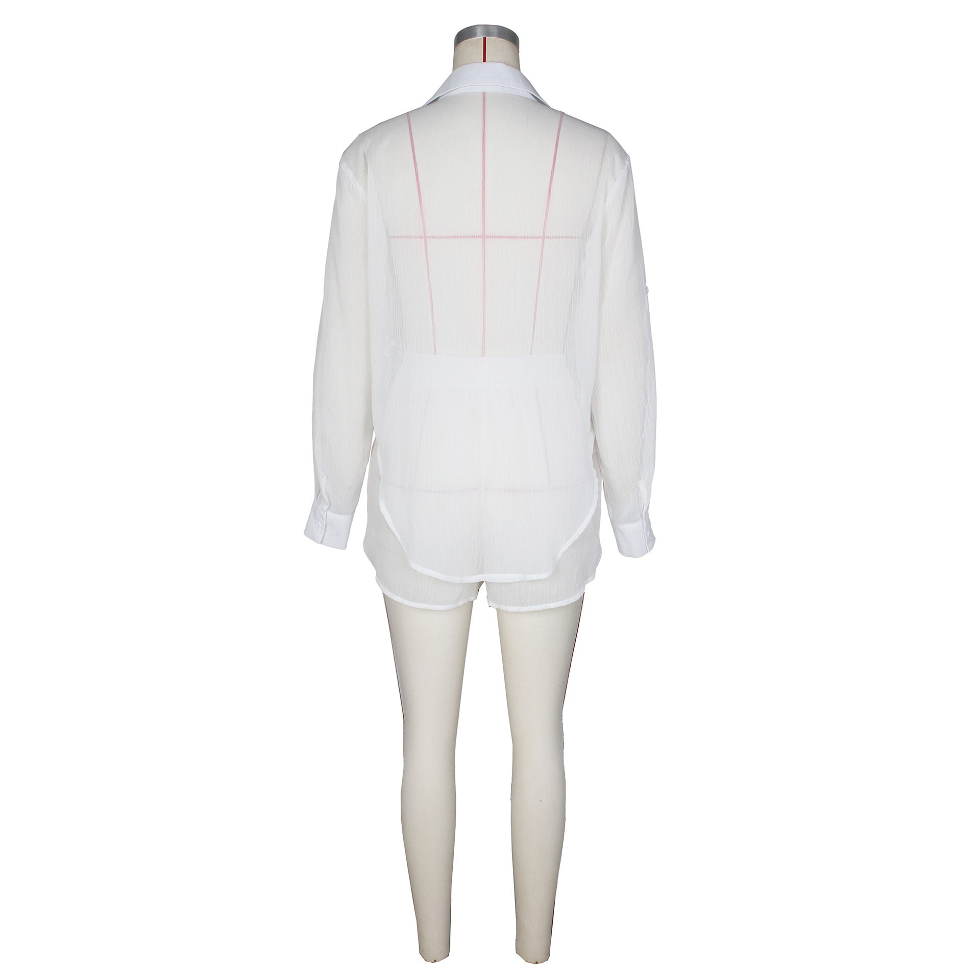 Women's Sexy Solid Color See-Through Long-Sleeved Shirt And Shorts Casual Set 12