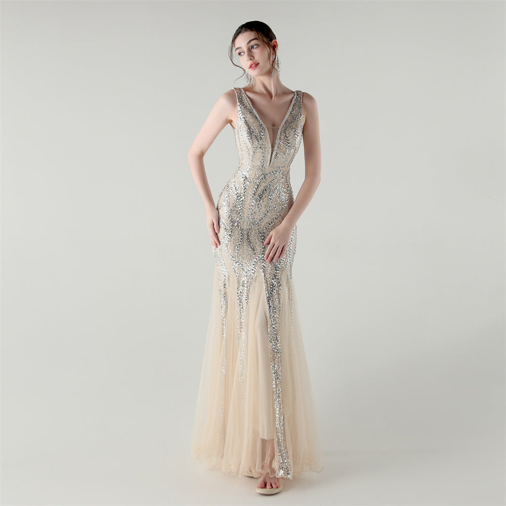 Deep V Fishtail Sequin Mesh Formal Party Evening Dress 15
