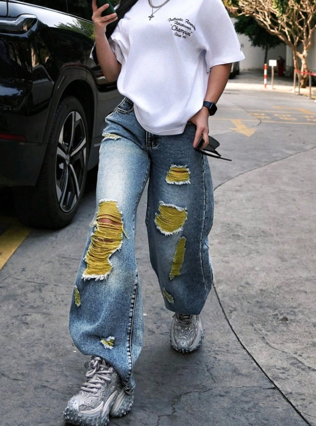 Women's Ripped Loose Color-block Denim Pants 6