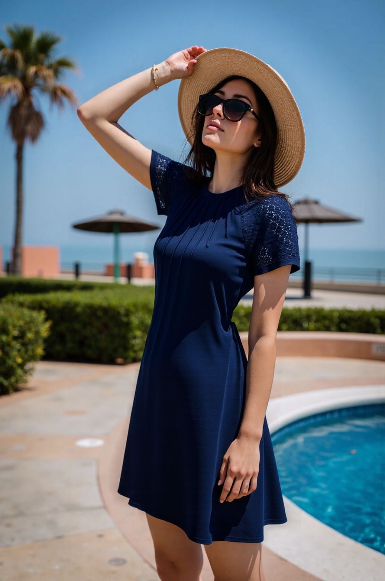 Women Spring and Summer Solid Hollow Lace Short Sleeve Round Neck Crumpled Dress 8