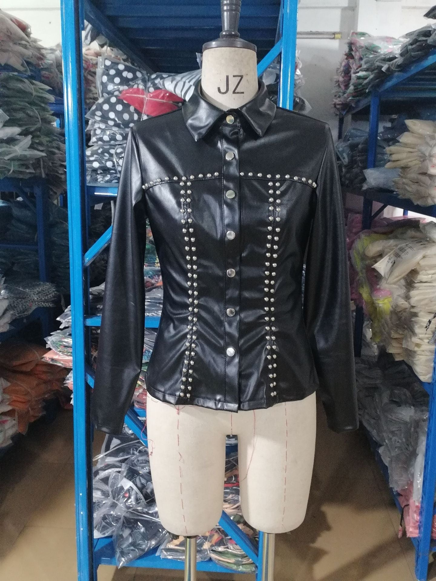 Autumn Women's Clothing Pu Tight Fitting Beaded Shirt