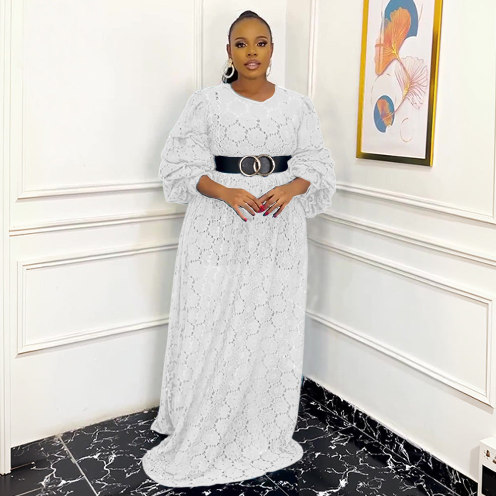 Plus Size Women African Round Neck Lace Dress 17