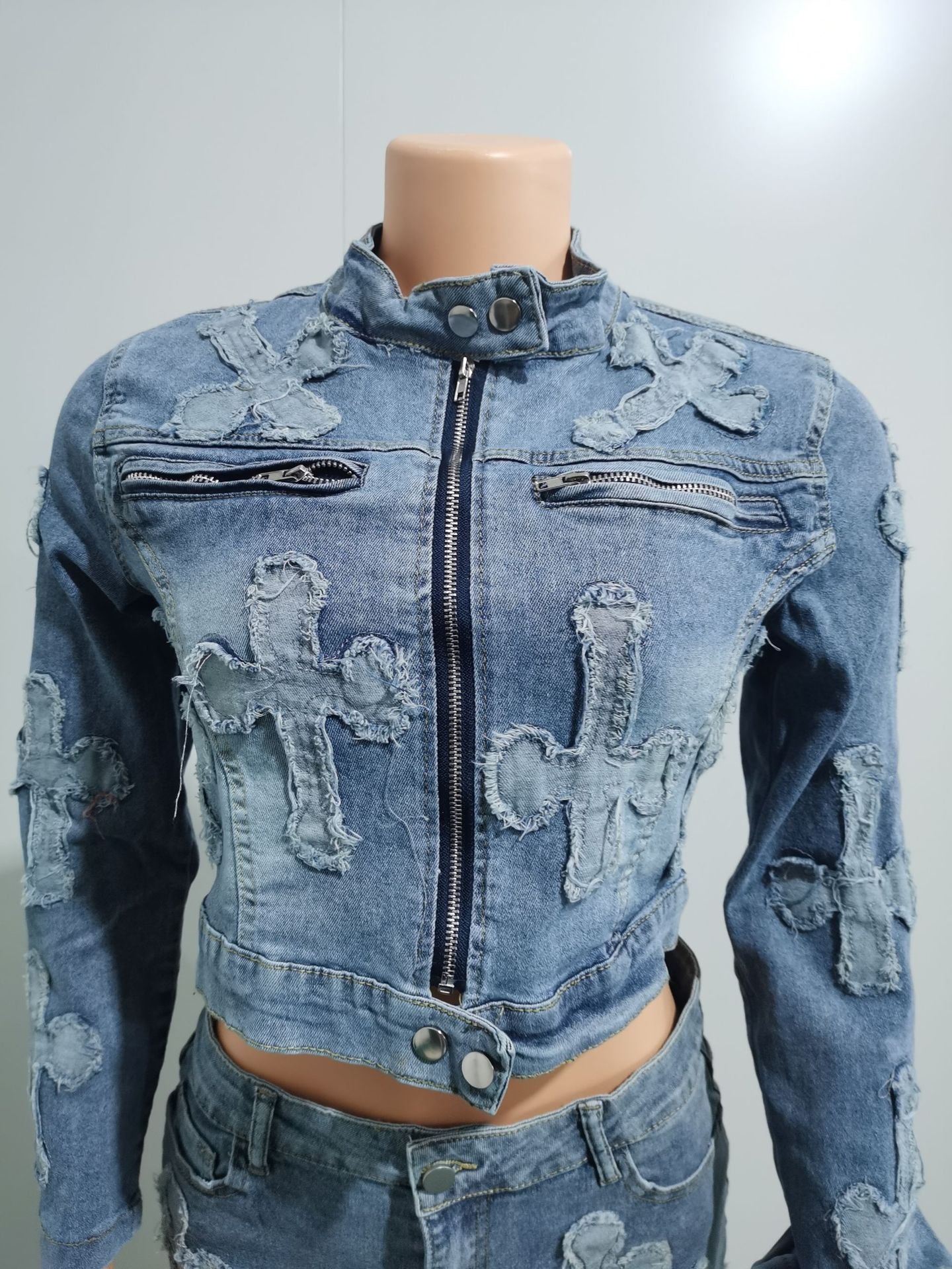 Women's Clothing Trendy Fashion Patch Denim Two Piece Skirt Set 9