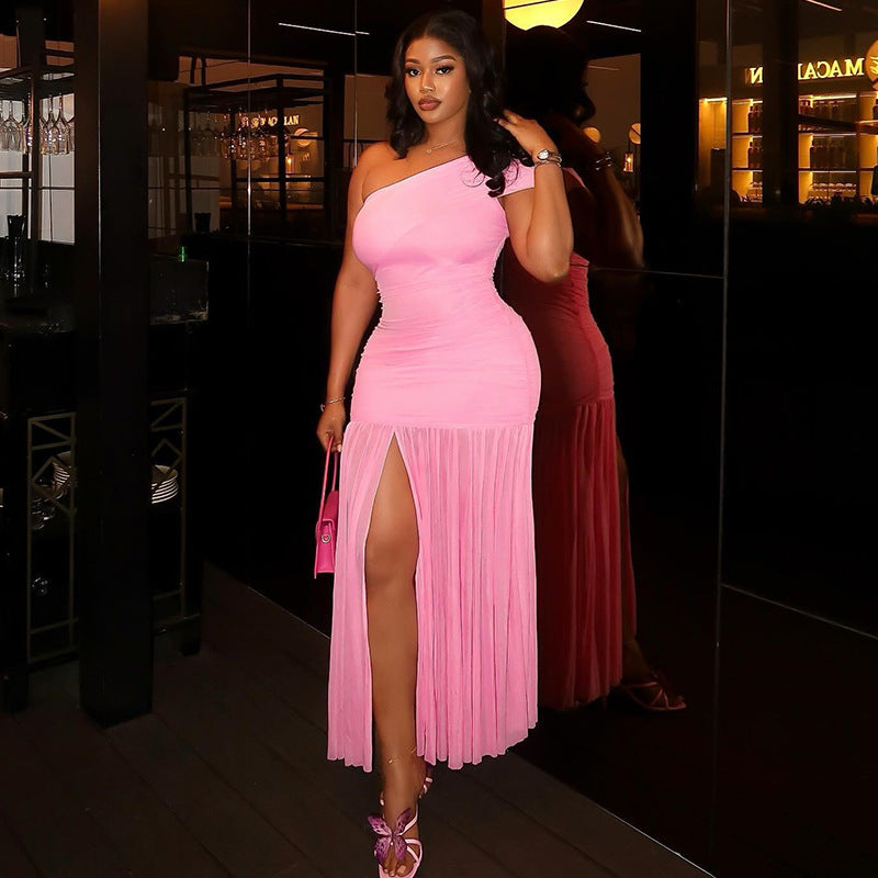 Women Solid Pleated Irregular One-Shoulder Slash Shoulder Slit Dress