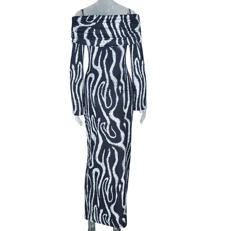 Casual Women's Striped Off Shoulder Long Sleeve Slim Long Dress 6