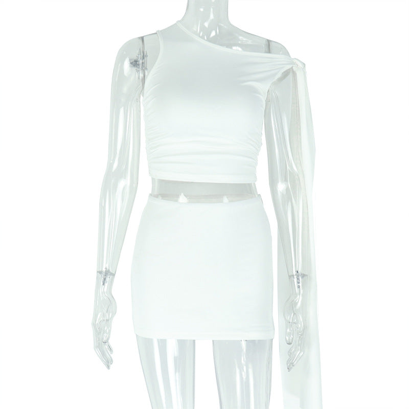 Women Lace-Up Slash Shoulder Asymmetric Top and Skirt Two-Piece Set 8