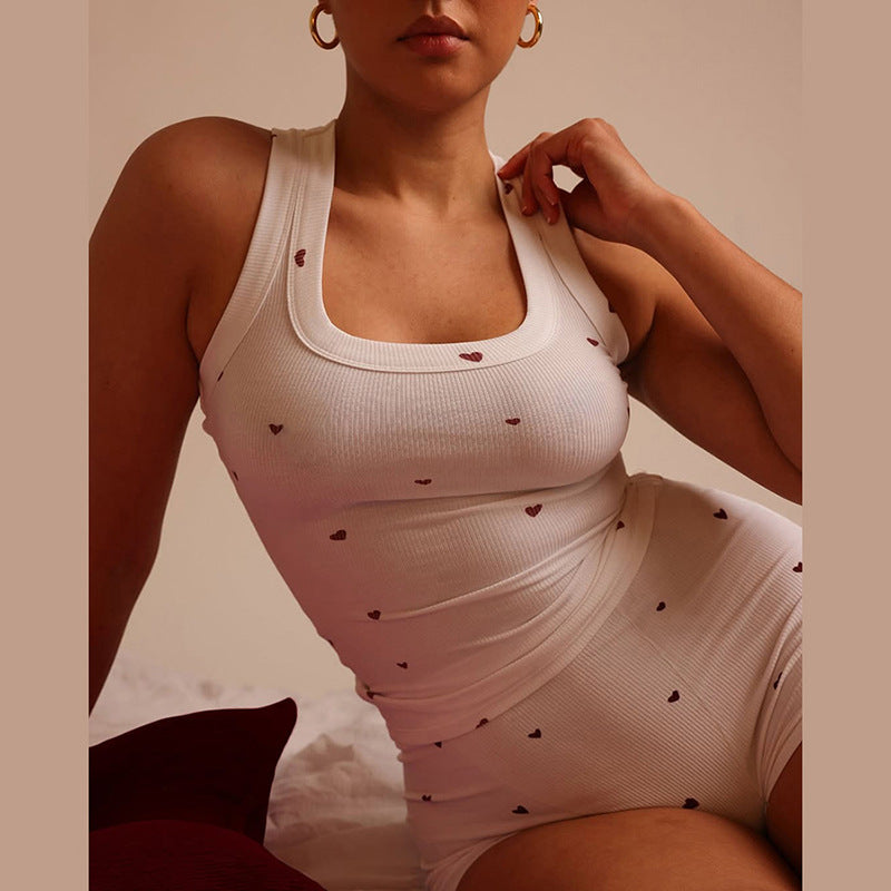 Women Summer Heart Print Vest Shorts Two Piece Set 6