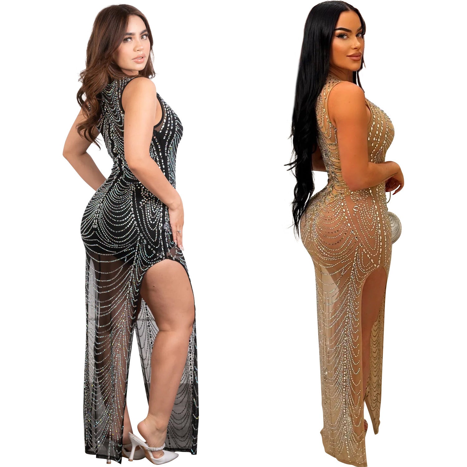 Fashion Women's Solid Color Mesh Beaded Sleeveless Long Dress 7