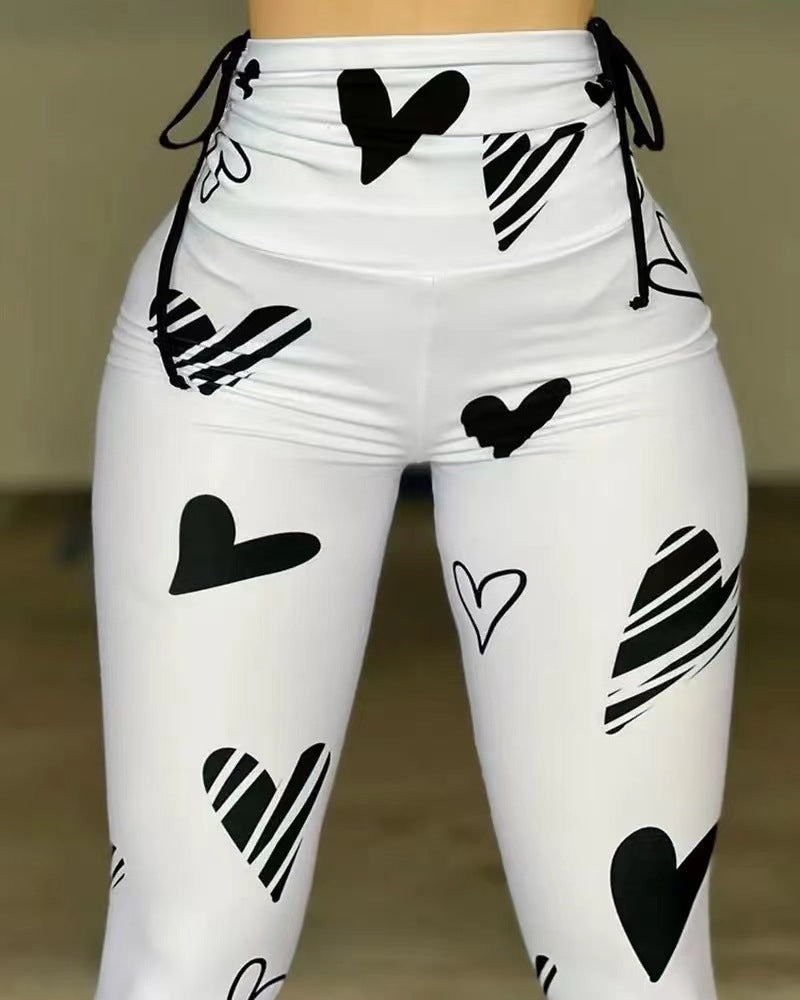 Women's Drawstring Heart Printed Yoga Exercise Butt Lift Fitness Basic Pants 3