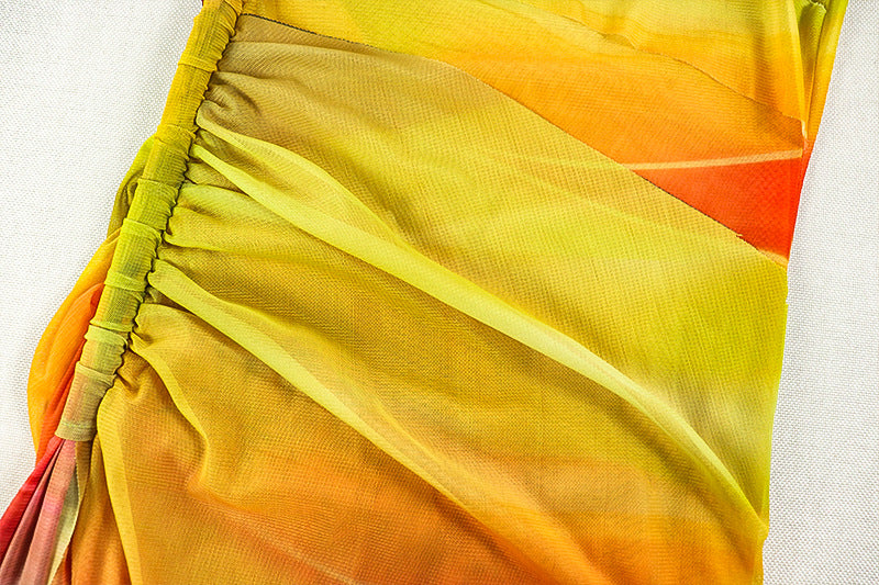 Women's pleated color matching slit slim irregular Slash Shoulder one-shoulder long sleeve fashion dress 14