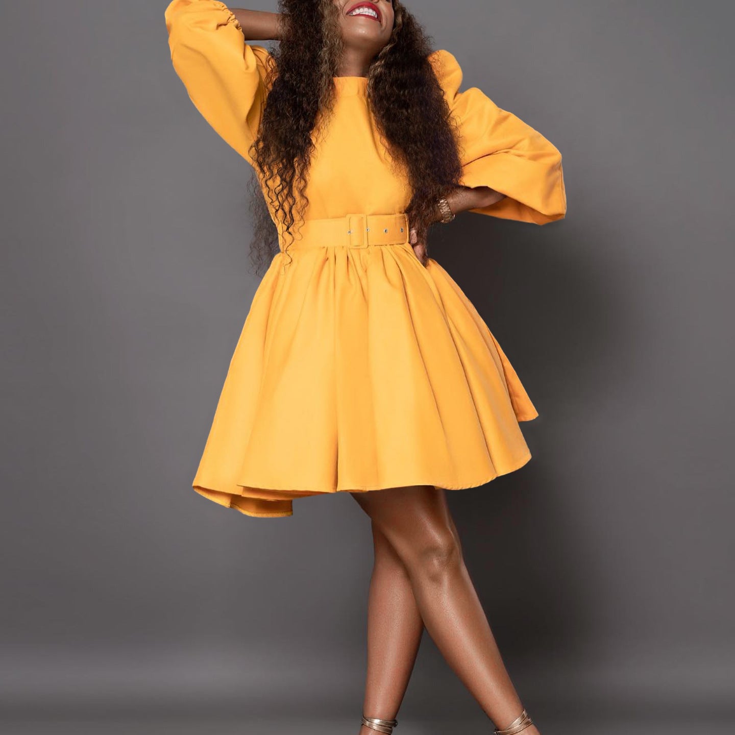 Women's Fashion Chic Puff Sleeve Slim Waist Chic A-Line Dress 3