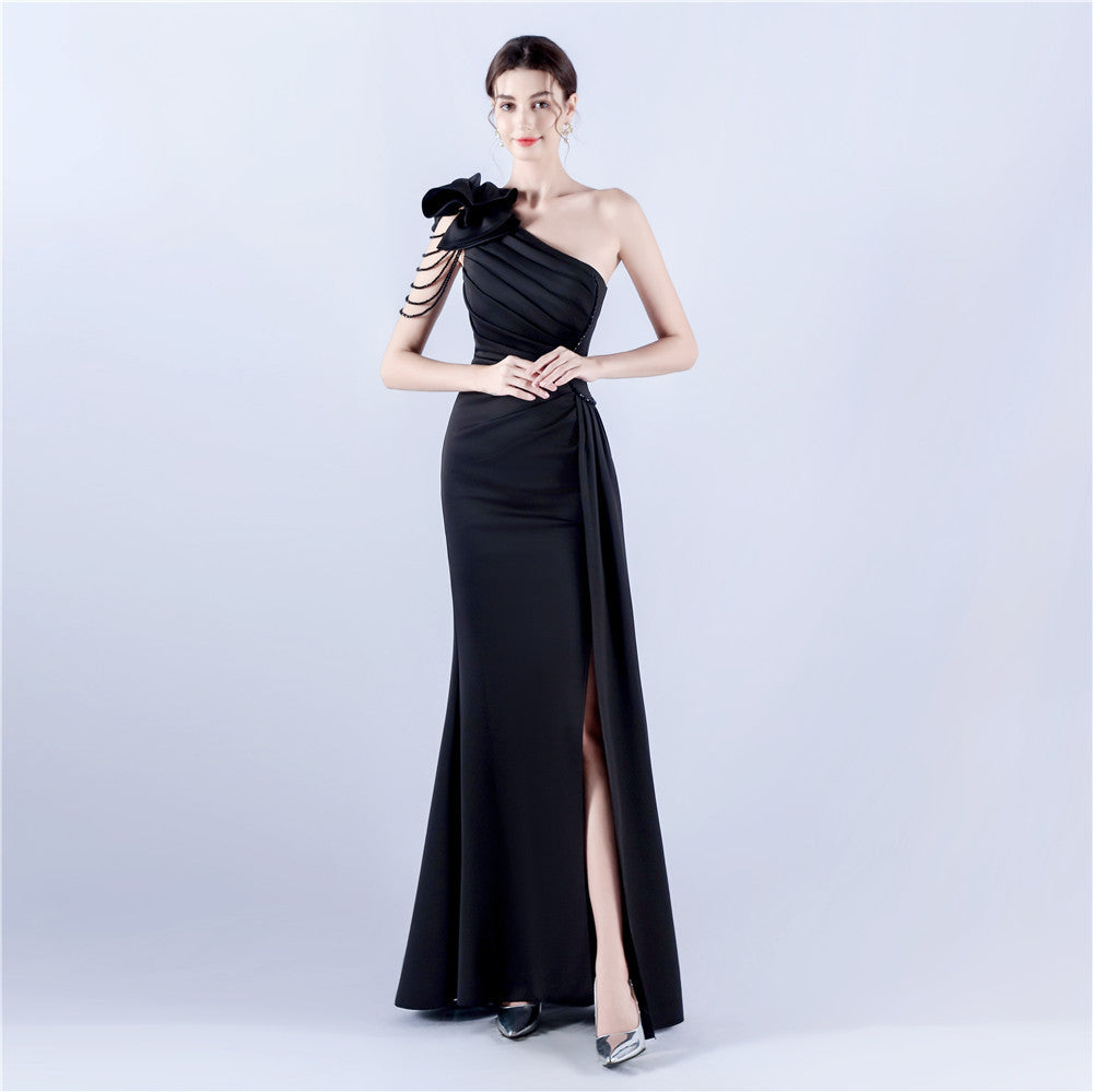 Women Beaded Flower Pleated Off-shoulder Split Evening Dress 14