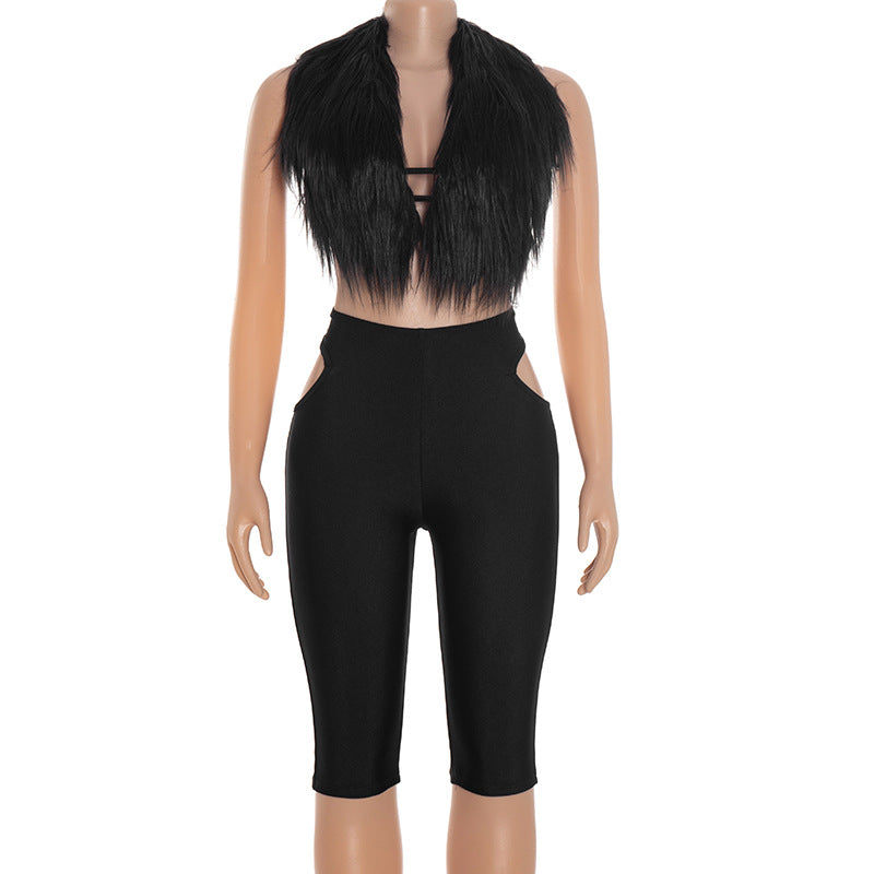 Women Autumn/Winter Halter Neck Fur Collar Backless Tie Cutout Top and Capri Two-Piece Set 9