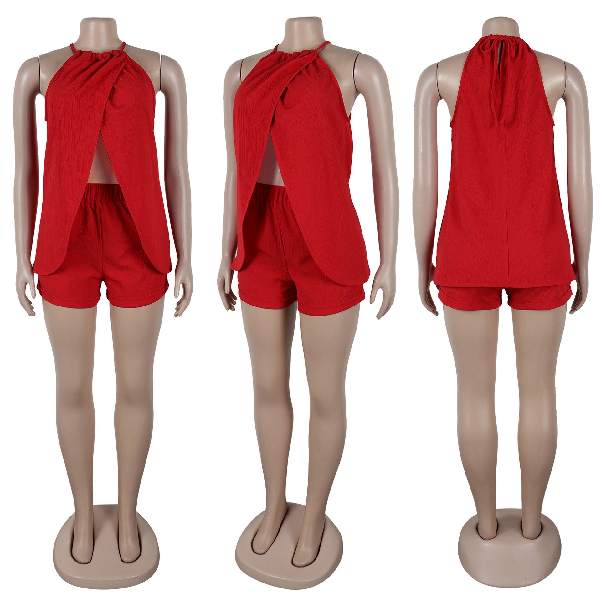 Women sexy solid slit halter neck lace-up sleeveless top and shorts two-piece set 12