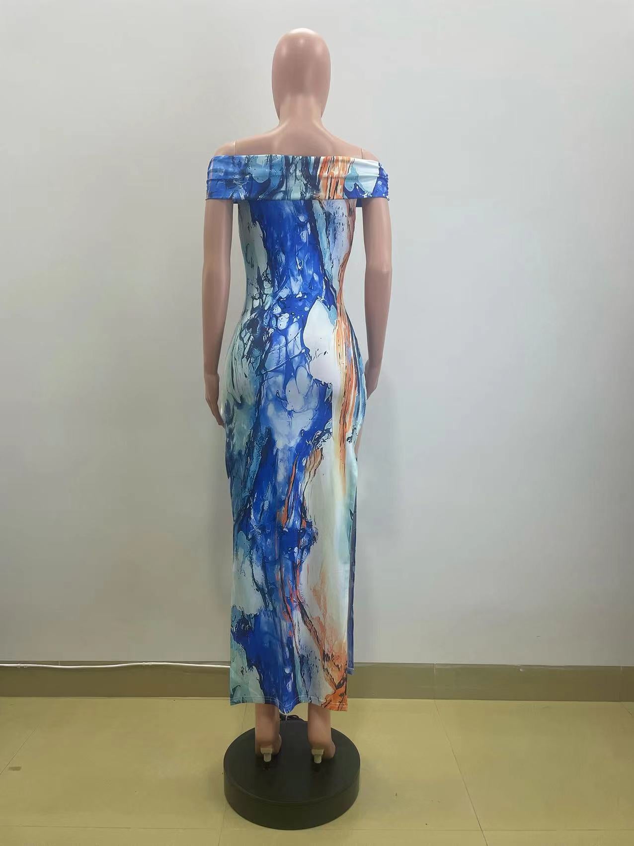 Women Multi-Color Printed Off Shoulder Sexy Slit Dress 9