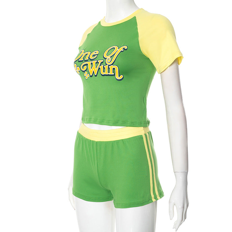 Women Spring and Summer Round Neck Contrast Color Patchwork Letter Ruber Print Top and Shorts Two-piece Set 6