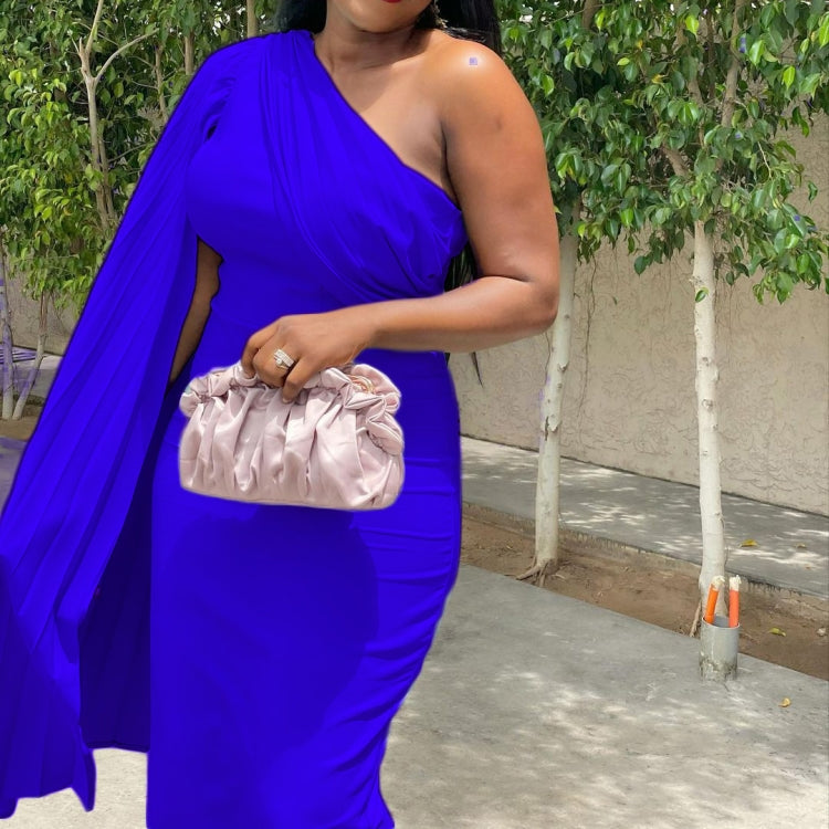 Spring African Elegant Blue Sloping Shoulder With Cape Sleeve Midi Dress