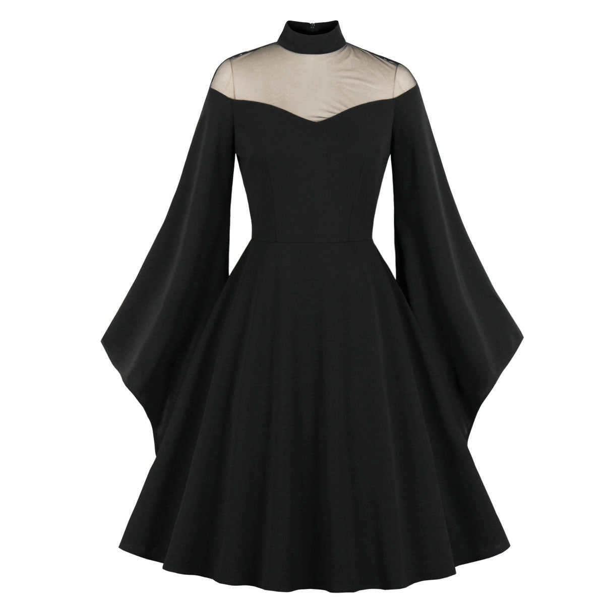Women Half Turtle Collar See-Through Long Sleeve Dress