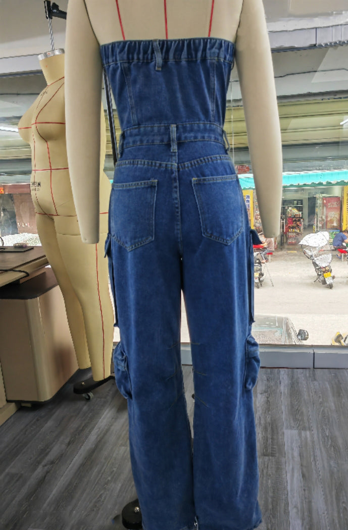 High street strapless pocket Cargo denim overalls jumpsuit 5
