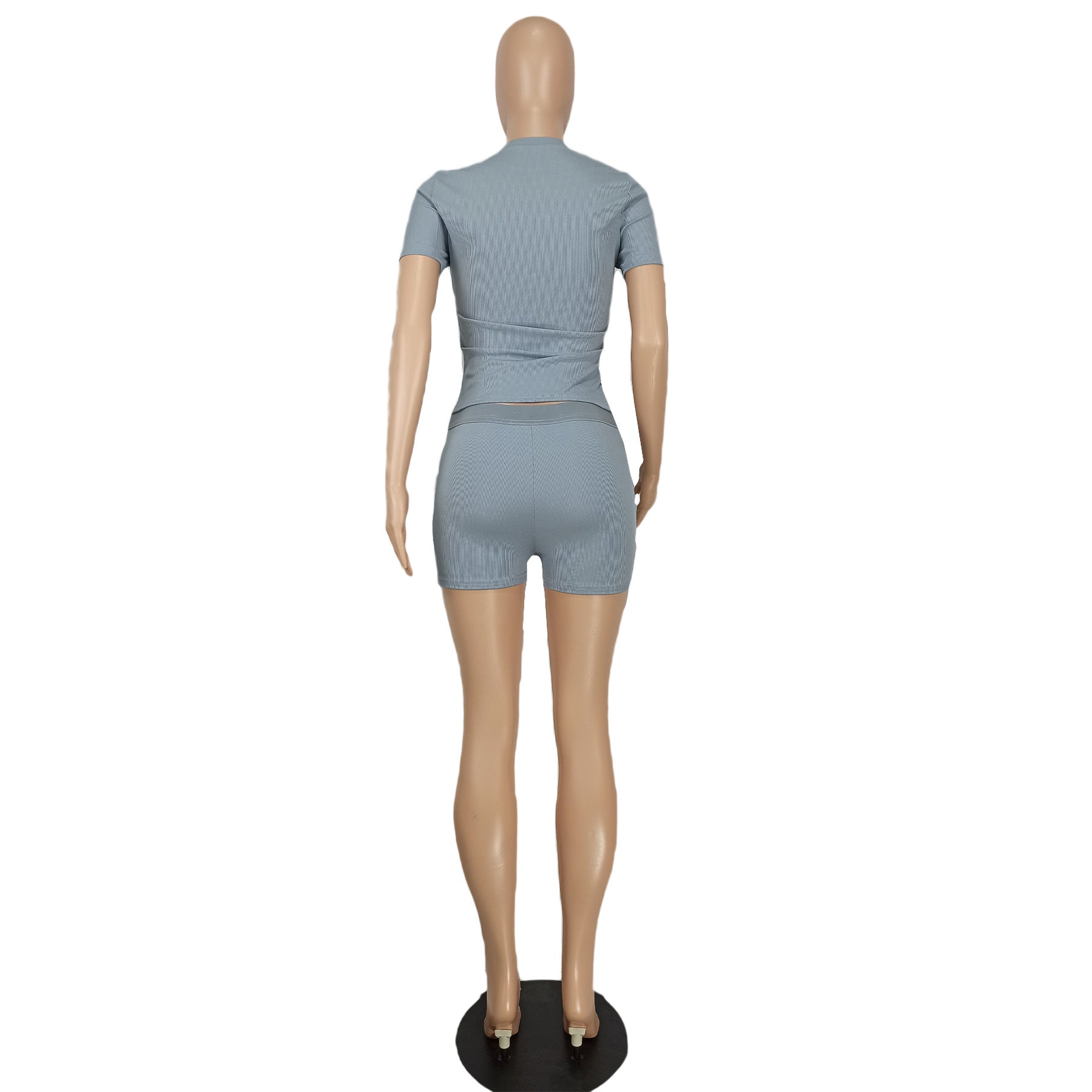 Women Sexy Solid Short Sleeve Top and Shorts Two-piece Set 21