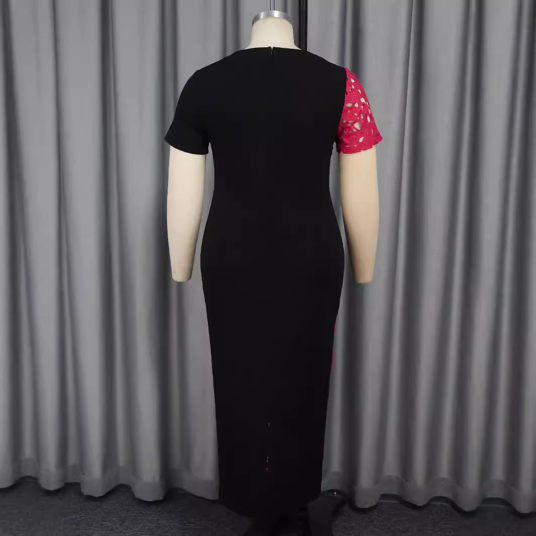 Round Neck Asymmetric Lace Patchwork Short Sleeve Party Dress 4