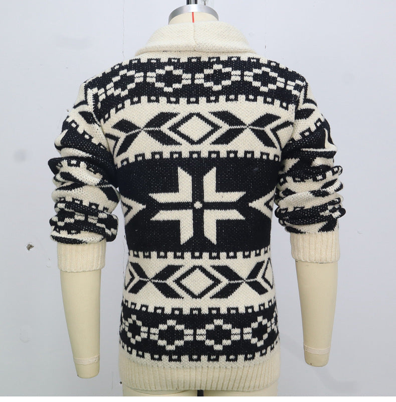 Men's Vintage Jacquard Knitting Turndown Collar Sweater Jacket 6