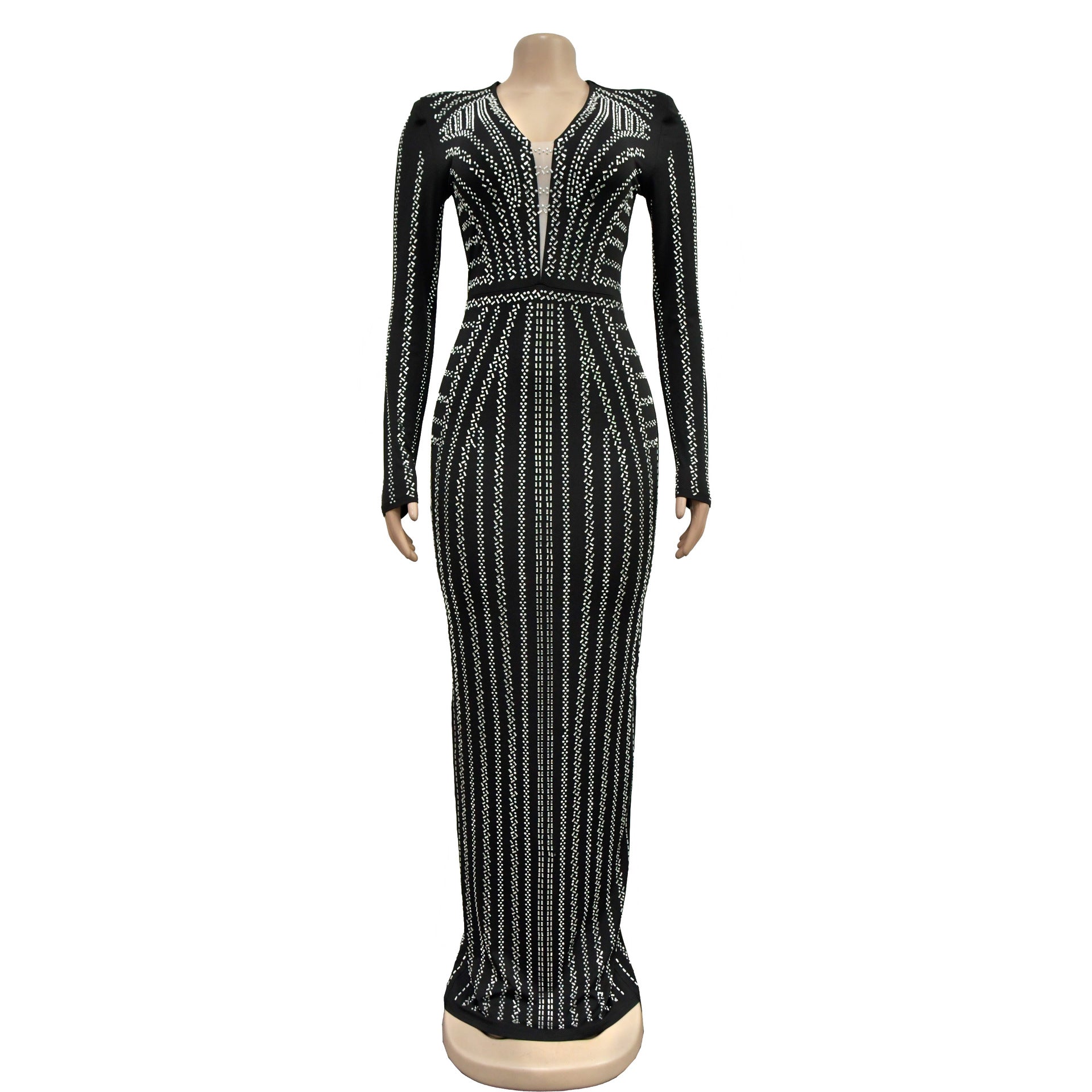 Fashion Women's Solid Color Beaded Long Sleeve Slit Maxi Dress 13