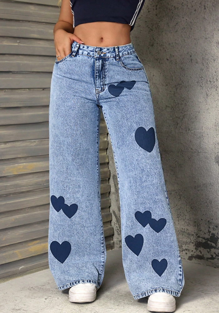 Loose Heart Print Women's Denim Pants