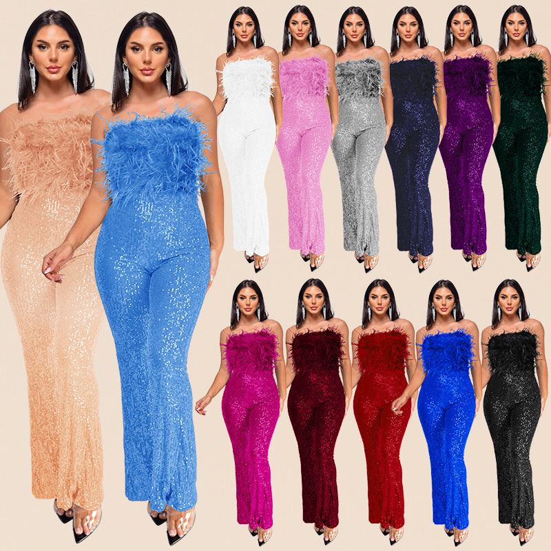 Bell Bottom Feather Strapless Sexy Fashion Jumpsuit 28
