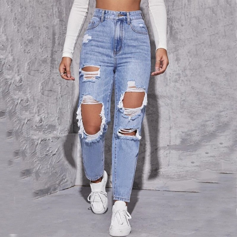Women Ripped Washed Denim Pants 4