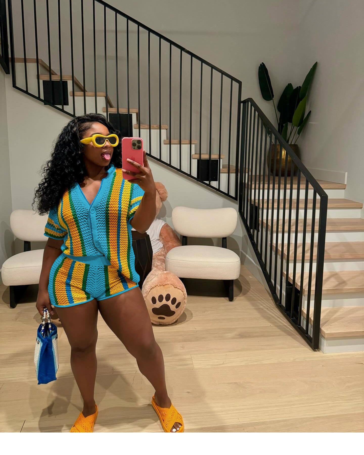 Women's Sexy Hollow See-Through Turndown Collar Knitting Two Piece Shorts Set 42