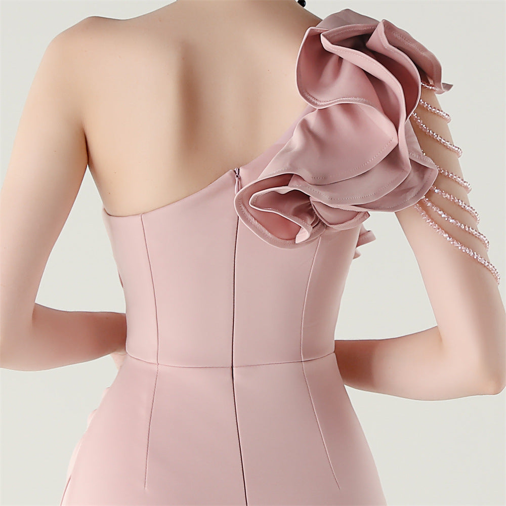 Women One-Shoulder Beaded Wool and Floral Satin Slit Sexy Evening Dress 56