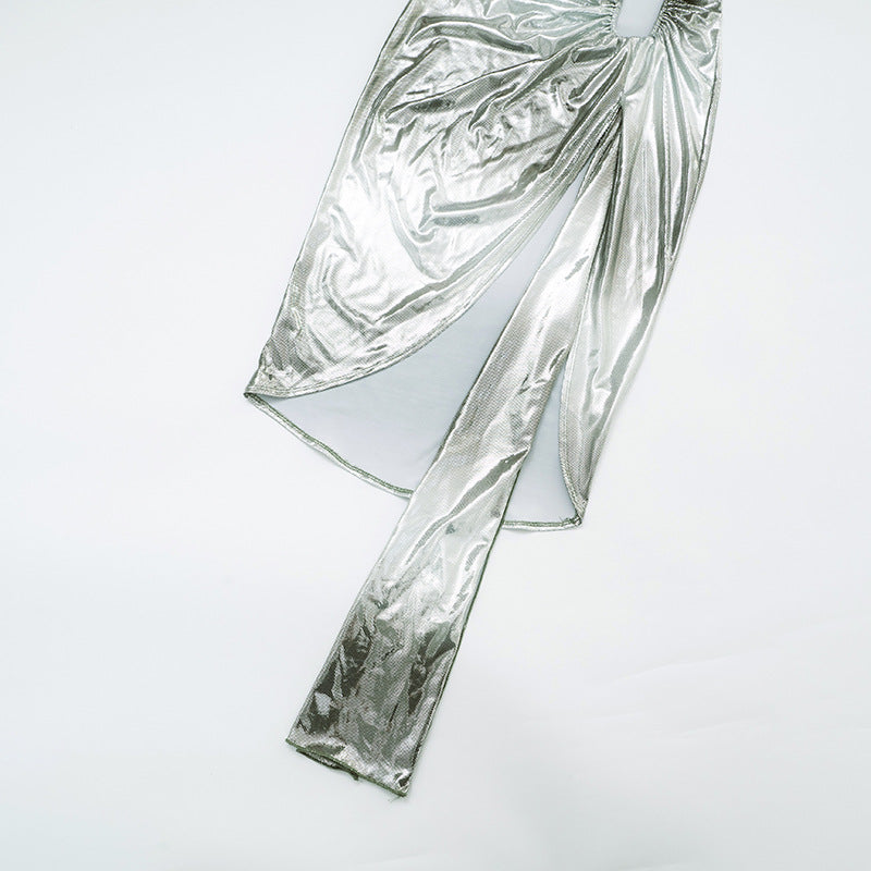 Women Glossy V-Neck Slit Ribbon Dress 14