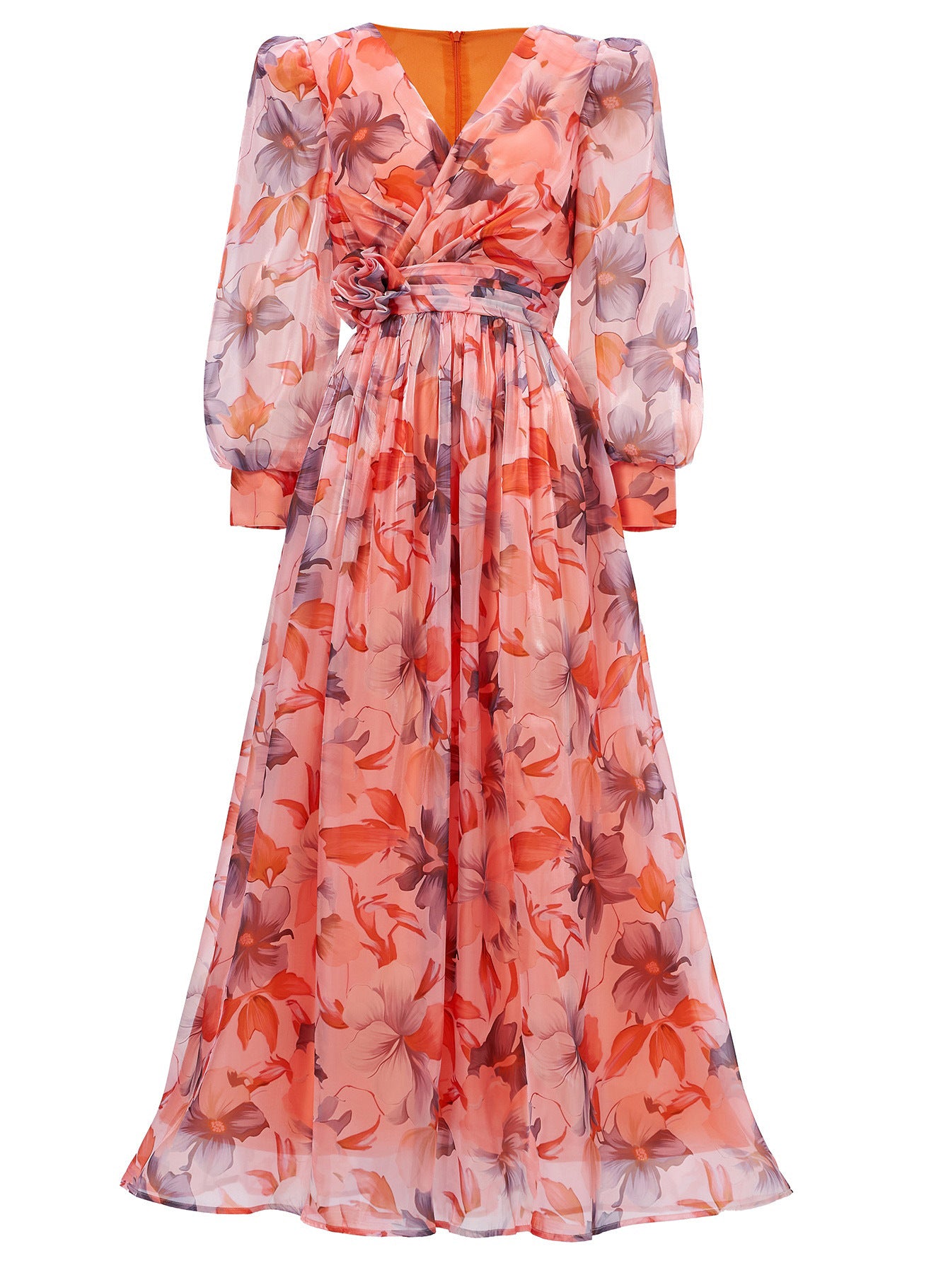 Women long-sleeved V-neck pleated Formal Party mesh dress 9