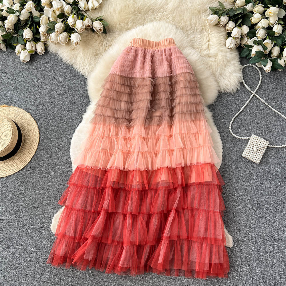 Women  Irregular Gradient Cascading Ruffles Puffy Mesh Skirt 20