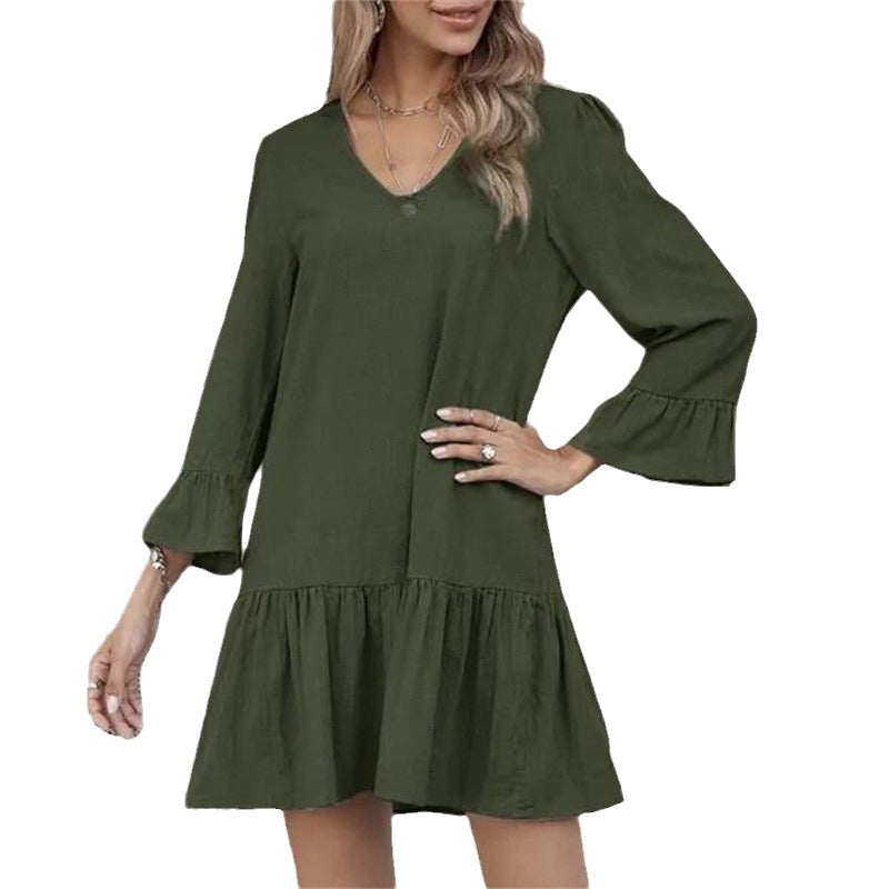 Women's Midi Loose Solid Color Pleated Bell Bottom Half-Sleeve Women's Linen Dress 9