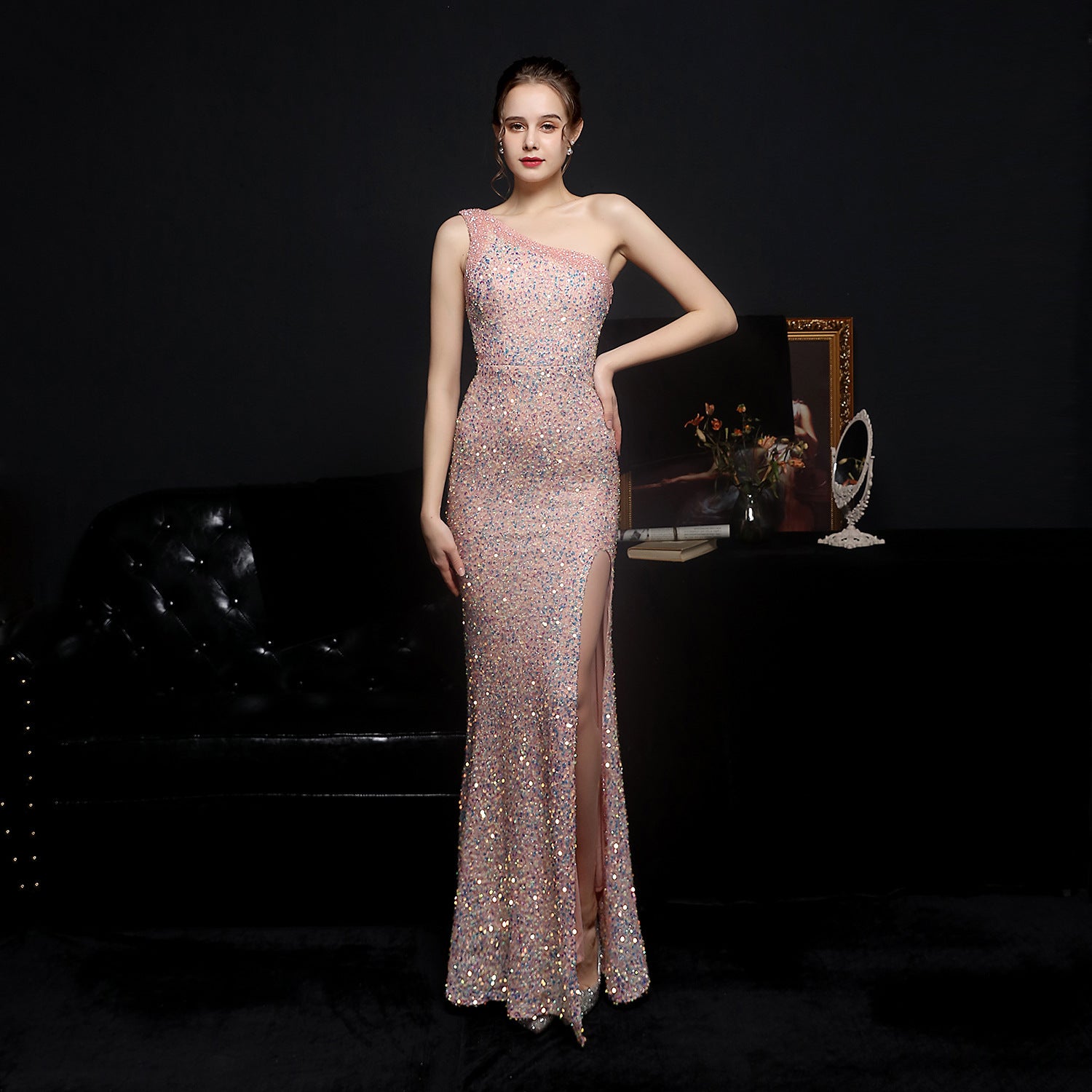 Summer Side Slit One Shoulder Sequin Evening Dress 3