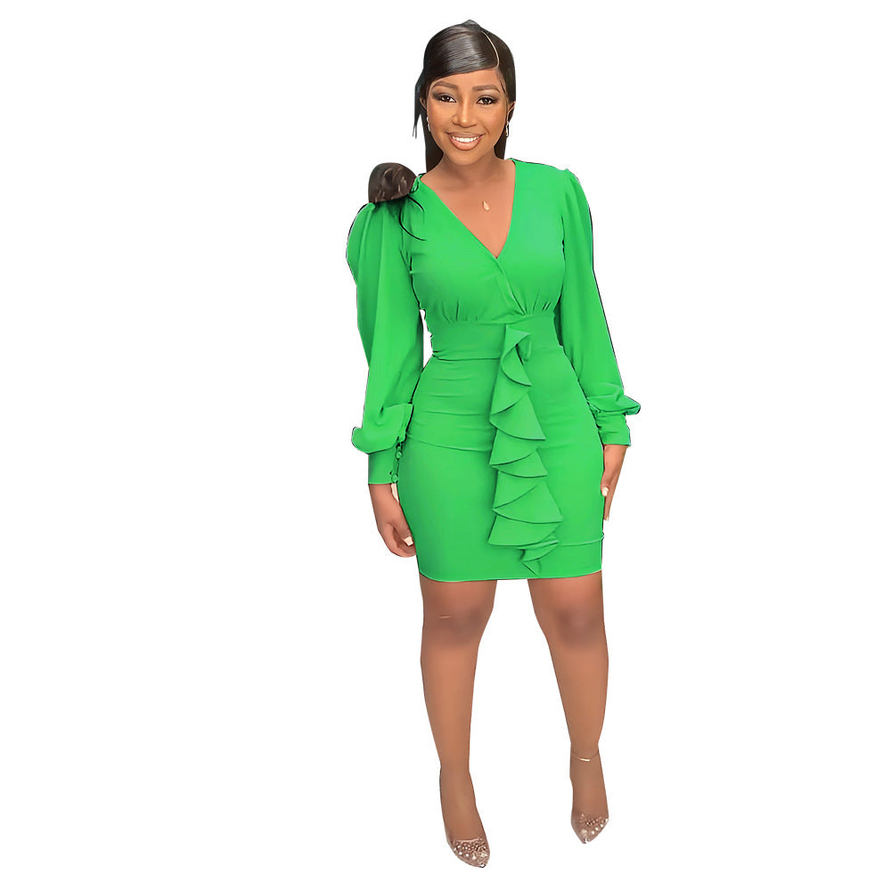 Women Solid Color Sexy V-Neck Ruffle Bodycon Dress 9
