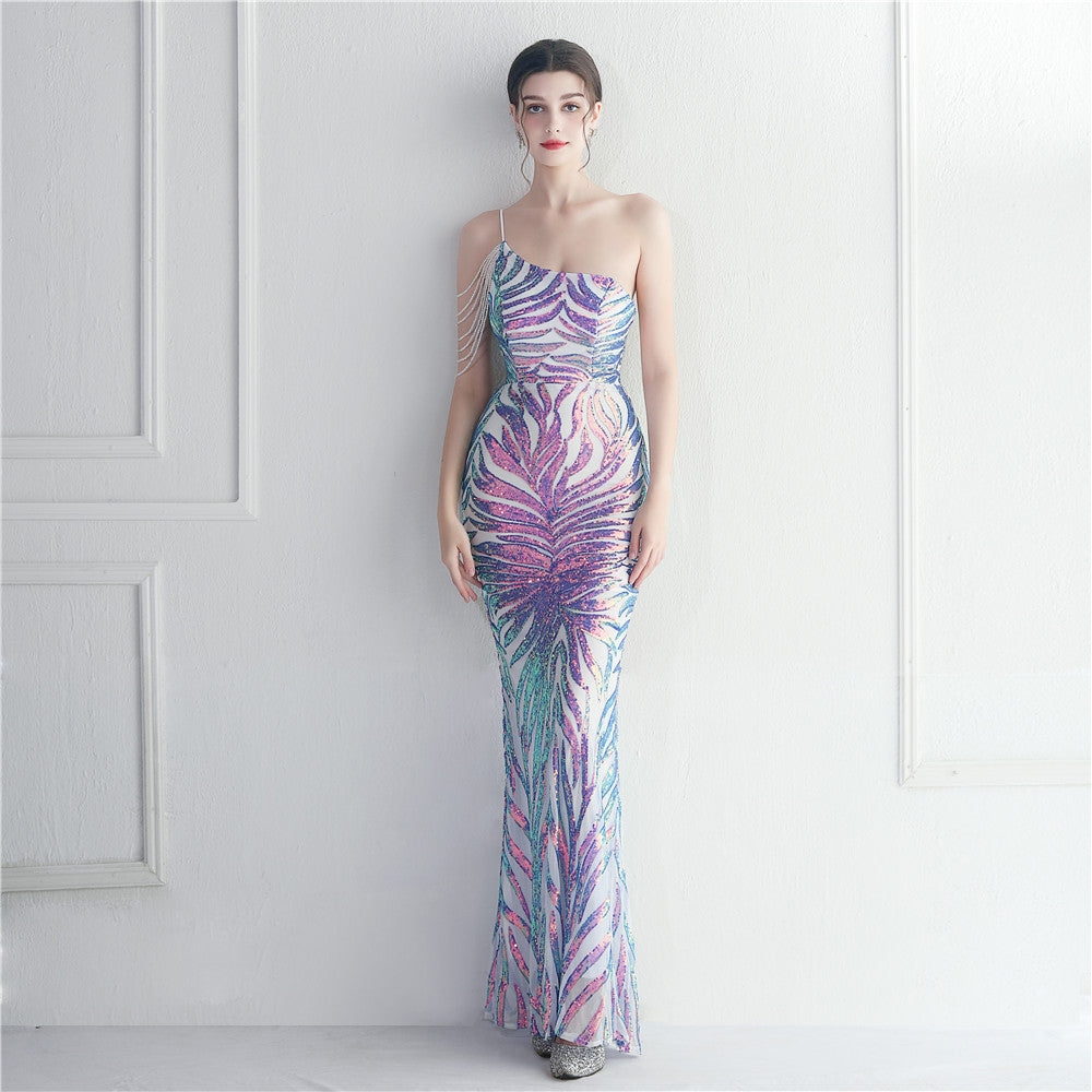 Beading Sexy Strap Slash Shoulder Formal Party Evening Dress Long Mermaid Cocktail Dress