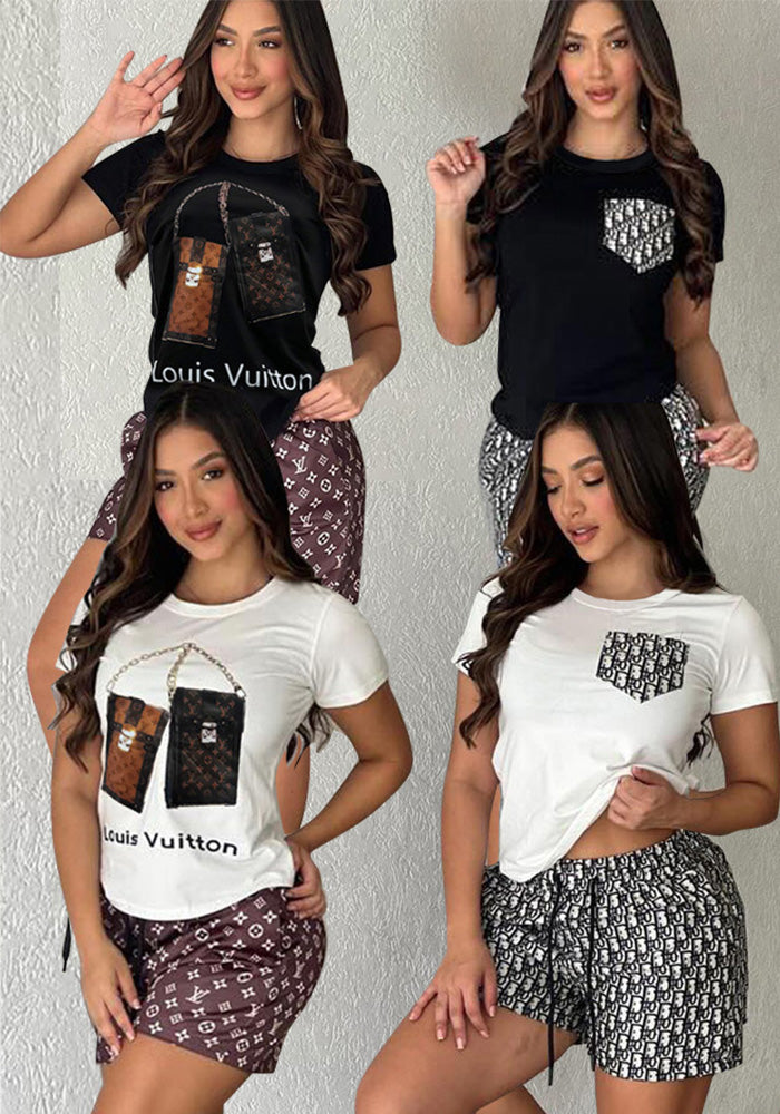 Women's Casual Fashion Cotton Short Sleeve Pocket Two-Piece Shorts Set